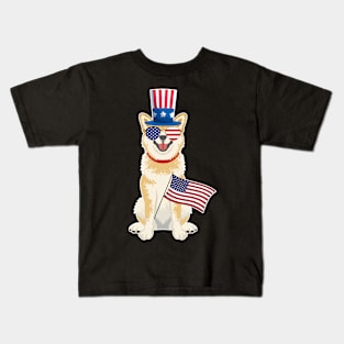 Shiba Inu Uncle Sam Hat Sunglasses Usa Flag 4th Of July Kids T-Shirt